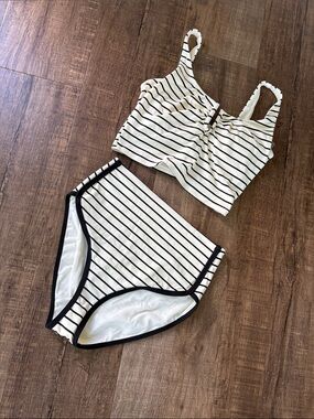 CALIA by Carrie Underwood Cream and Black Striped High-Waist Bikini Set